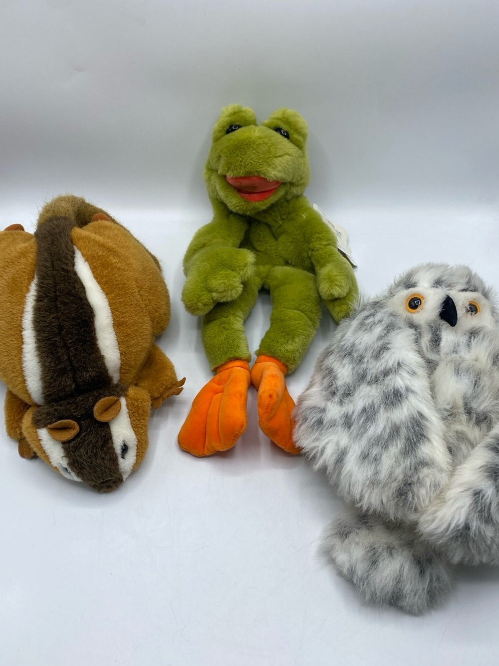 Vintage Hand Puppets Plush Gund Snowy Owl Head Swivels Folktails Chipmunk Frog